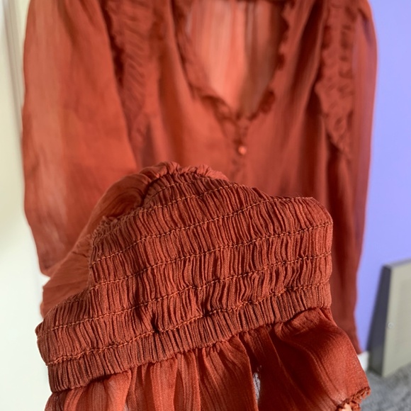 Forever That Girl Medium Copper Ruffled Blouse Romantic Bohemian Sheer Boho S - Picture 4 of 16